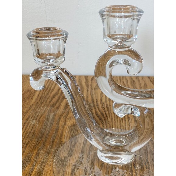 Vintage Glass 3 Arm Candle Holder Etched Floral Design - Picture 3 of 10